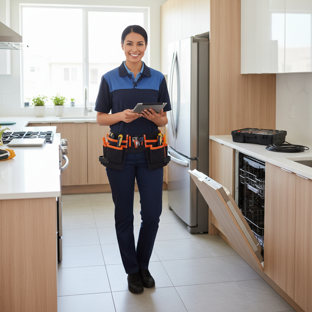 Smiling appliance repair technician in a modern kitchen